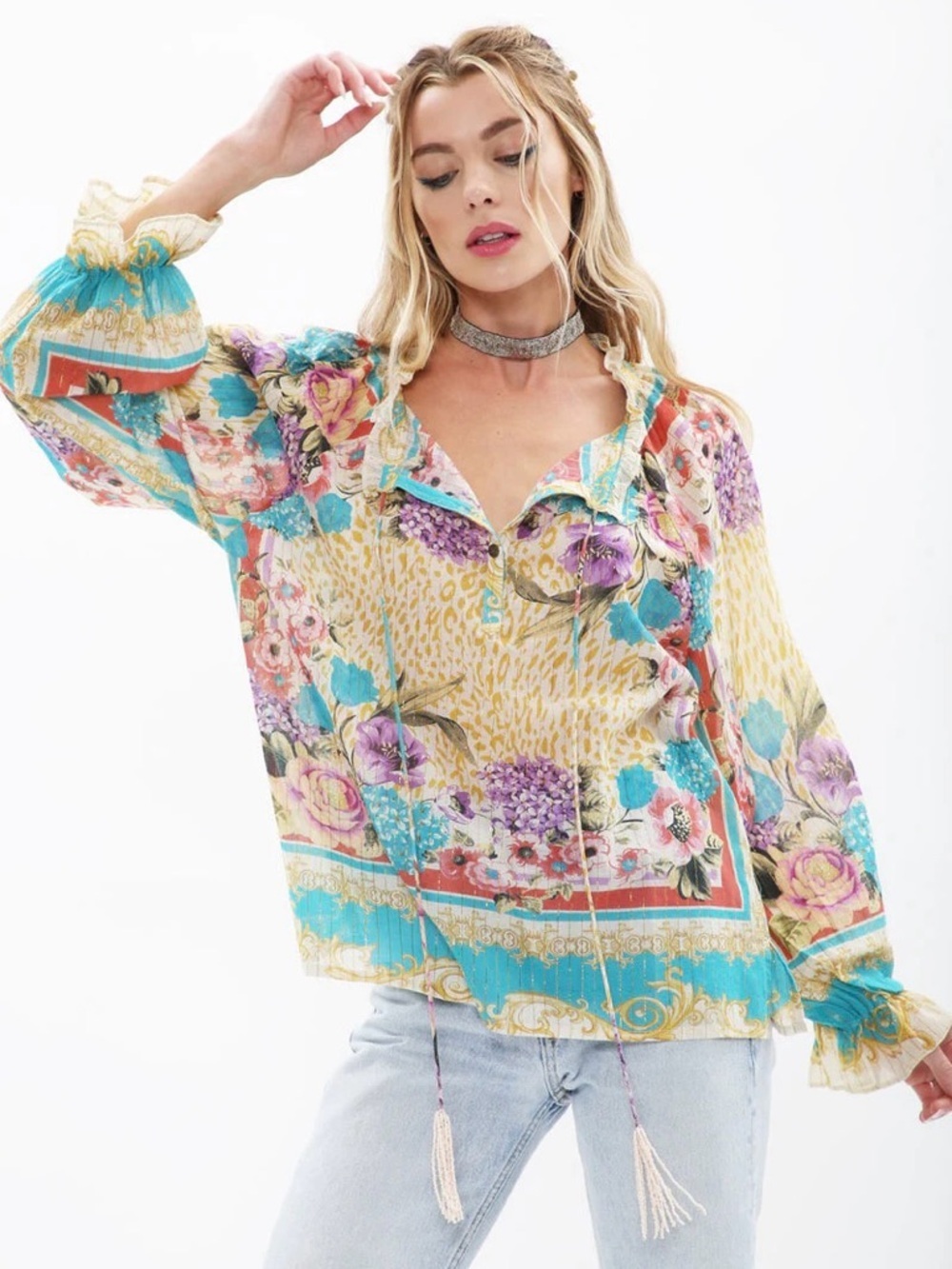 Aratta Silent Journey Top Artisan Leopard Blouse Metalic Teal Floral Boho Sz M